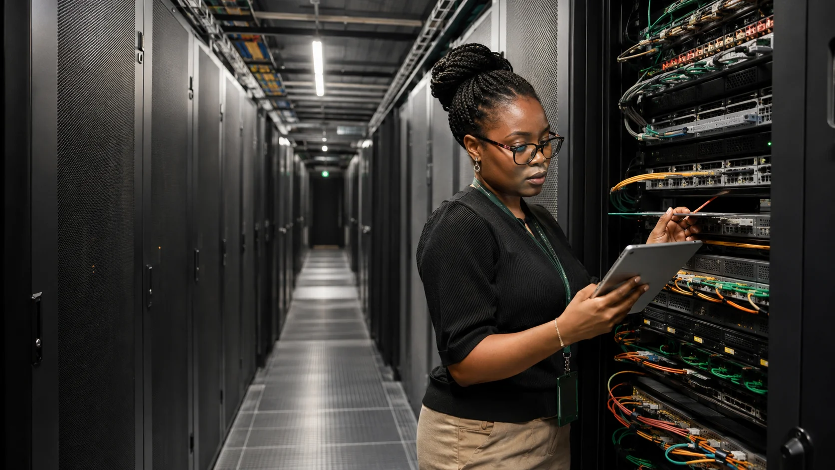 Illustrative infrastructure engineer inspecting equipment in a server room