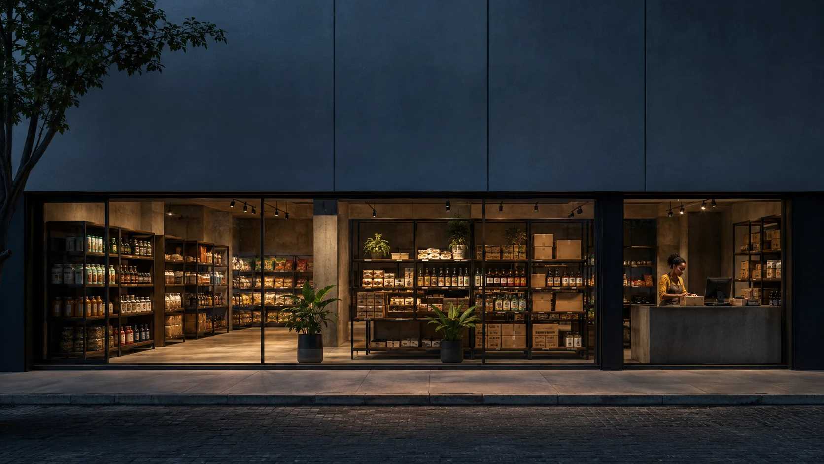 Illustration of an independent Nigerian shop at dusk