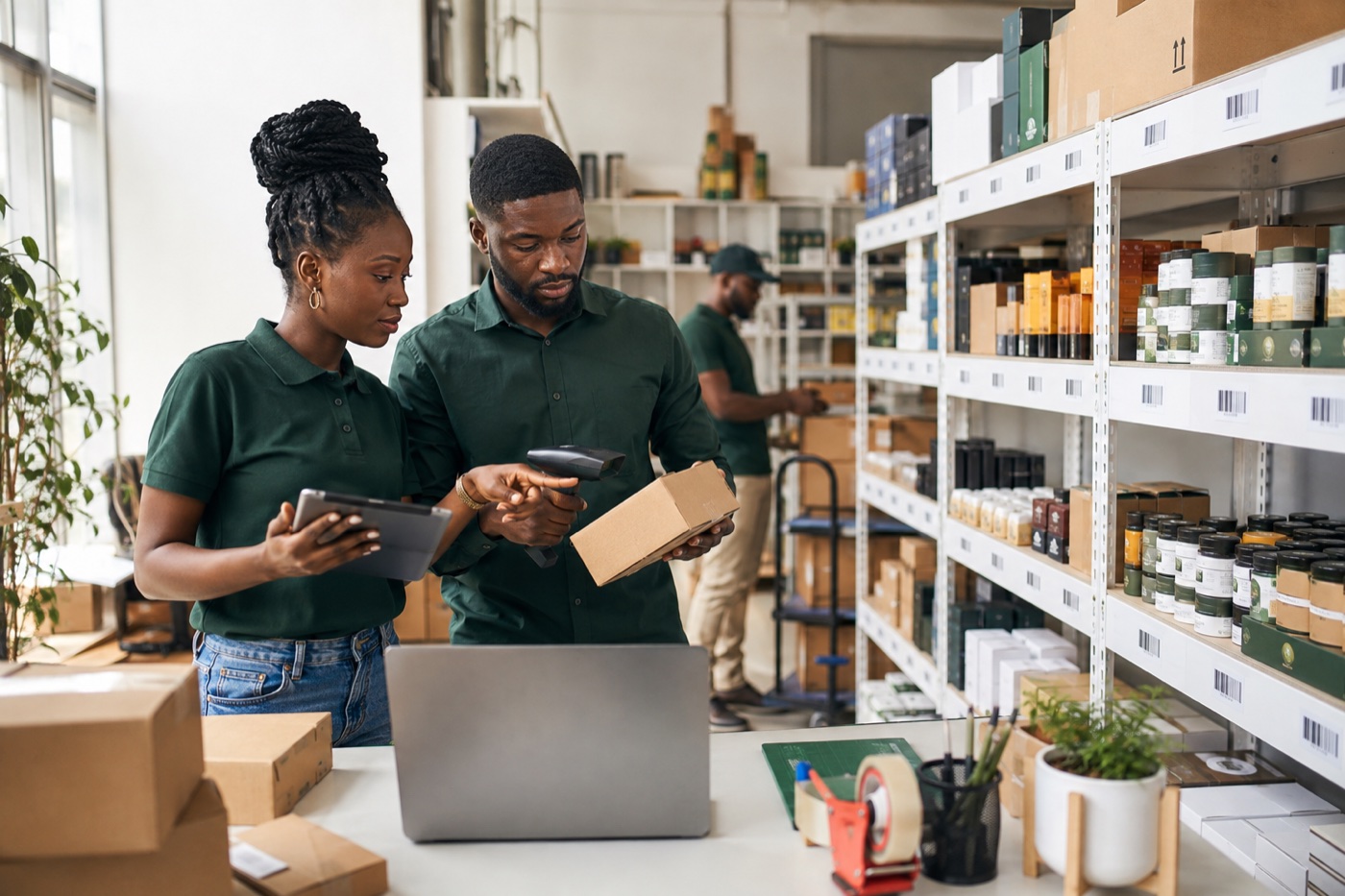 Illustrative merchant team scanning a parcel and checking stock