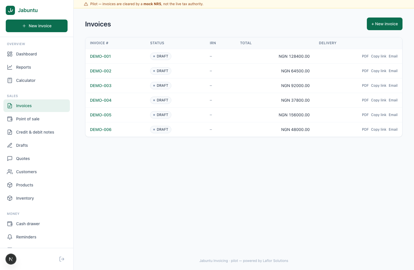 Jabuntu invoice workspace showing six synthetic draft invoices and PDF, link and email actions